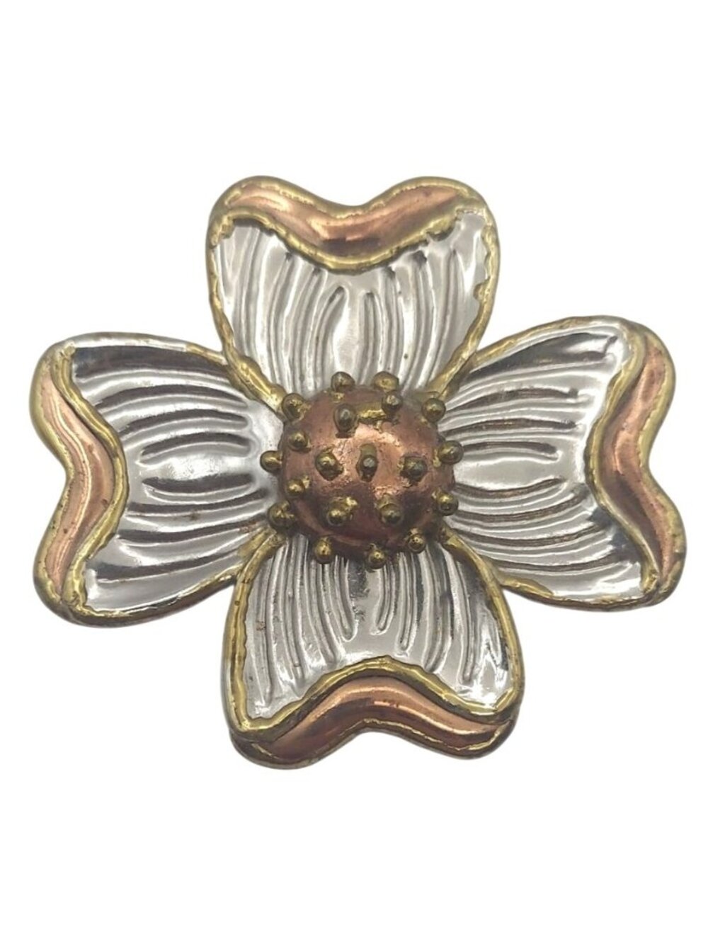 Brutalist Dogwood Flower Metal Brooch Pin Pendant Three Tone Signed SJ Vintage